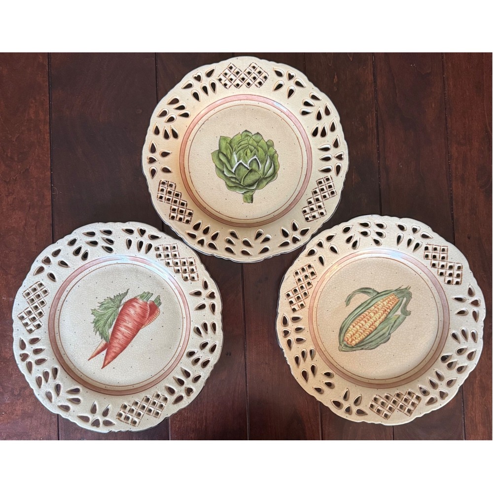 Vtg Wong Lee 3 1895 Decorative Wall Plates Lace Edge Vegetable Cottagecore Art